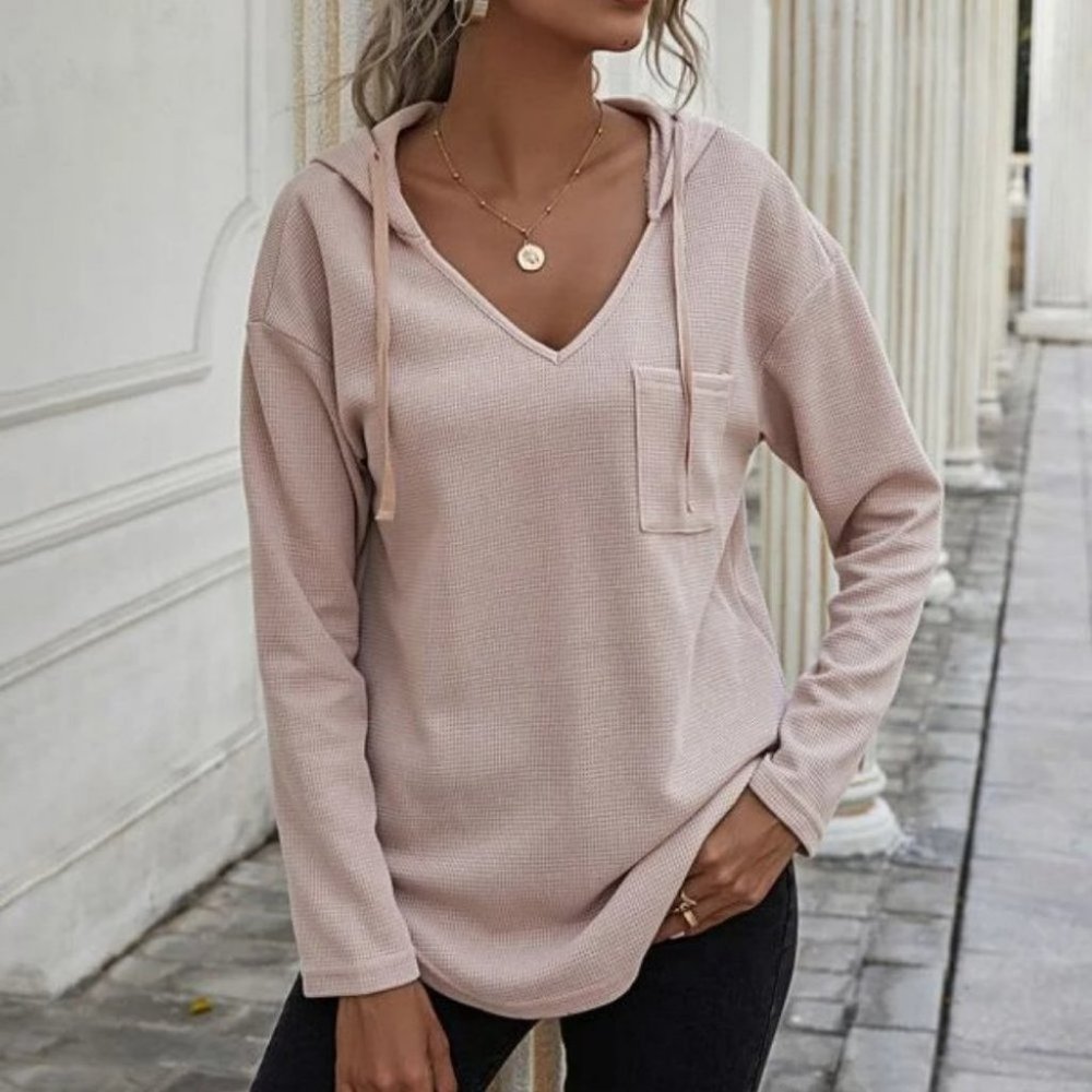 Comfy Curved Hem Drop Shoulder Drawstring Hoodie Top light apricot blush - Picture 3 of 8